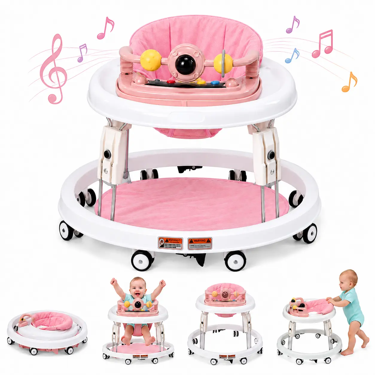 #tiktokshopstockup 1-Touch Foldable Baby Walker For 6-18 Months Unisex, 7-Height-Adjustable Portable Baby Furniture with Removable Music Toy, Baby Activity Center, 360° Movement, Baby Gifts, Baby Gear