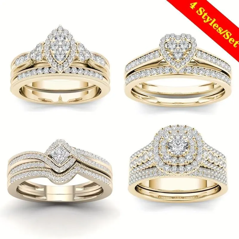 4-Style Gold Rhinestone Ring Set - Exquisite Synthetic Jewelry Gift for Engagement, Anniversary, Gold Rhinestone Rings