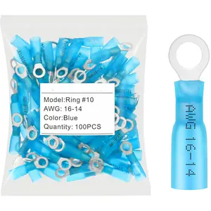 100pcs #10 Blue Marine Grade Heat Shrink Ring Connectors,16-14 Gauge Tinned Red Copper 0.7mm Ring Terminals Connectors,Brazed-Seam Insulated Electrical Crimp Wire Terminals
