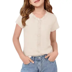 Haloumoning Girls Lace Trim Short Sleeve Shirts Kids Summer Button Tops Soft Knit Blouse Tees 5-14 Years