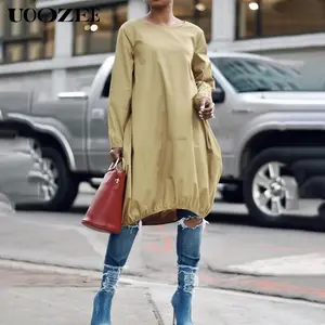 UOOZEE Women's Minimalist Lady Everyday Pure Cotton Casual Dress - Round Neck, Longsleeves, Mid-Length, Thin-Light Solid Color, 2 Pockets, 2025 Spring-Autumn New Style 1-Piece Comfortable Wear