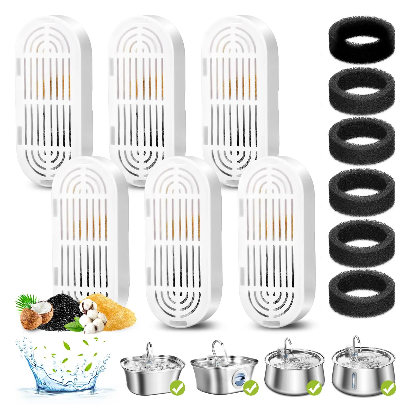Cat Water Fountain Filters, 6 Pack Replacement Filters & Replacement Pre-Filter Sponges for Stainless Steel Pet Fountain with Water Level Window, Fountain Carbon Filters for Dog Water Dispenser Bowl,Hand Tools Kits