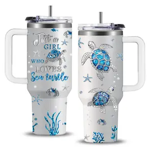 Sea Turtle Tumbler Gift for Women and Men - 40oz Tumbler with Straw & Handle, Stainless Steel Insulated Vacuum, Water Bottle with Turtle & Marine Life Design, Best Gift for Birthday and Christmas
