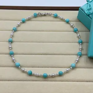 【Luxury Design Lagoon 1837】Tiffany Blue Amazonite With Akoya Silver gray pearl mini freshwater pearl necklace s925 Dainty style unique design Gift for her wedding gift mother‘s day gift