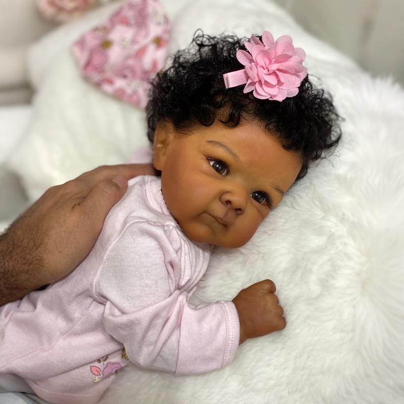 Lifelike Reborn Baby Dolls 18 inch 45 cm Sleeping Mixed Race Black Soft Cloth Body & Curls Realistic-Newborn Dolls African American Real Life Baby Washable Feeding Kit & Gift for Kids