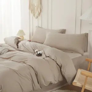 Duvet Cover Set Queen Size 100% Cotton Soft Organic Bedding Comforter Cover with Zipper Closure & Corner Ties, Comforter Not Included, Beige