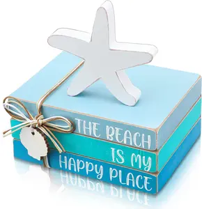 4 Pcs Starfish Shell Beach Tiered Tray Blue Wooden Book Decor Wood Stacked Book Table Centerpiece for Summer Home Living Room Decorative Signs Set