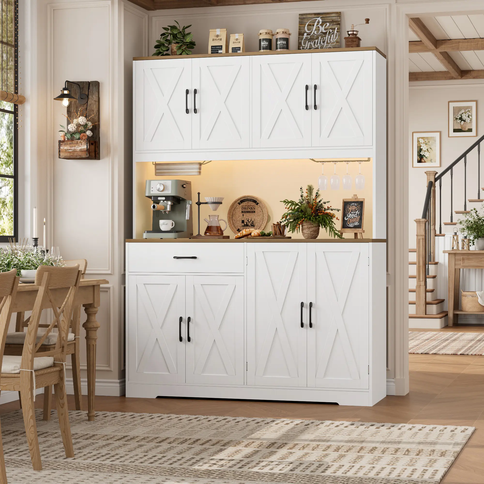 HOSTACK 55" Kitchen Pantry Cabinet, 72" Tall Storage Cabinet with LED Lights & Charging Station, Farmhouse Hutch Cabinet with Adjustable Shelves, Microwave Stand for Dining Room Living Room