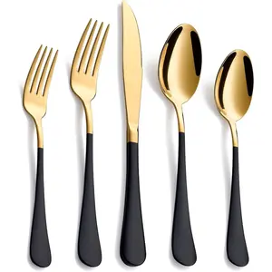 TRAIL RECKONING 20-Piece Black & Gold Silverware Set, 18/0 Stainless Steel Colorful Handle Flatware Set, Service for 4, Modern Cutlery Set Includes Dinner Knives Forks Spoons, Mirror Polished, Dishwasher Safe
