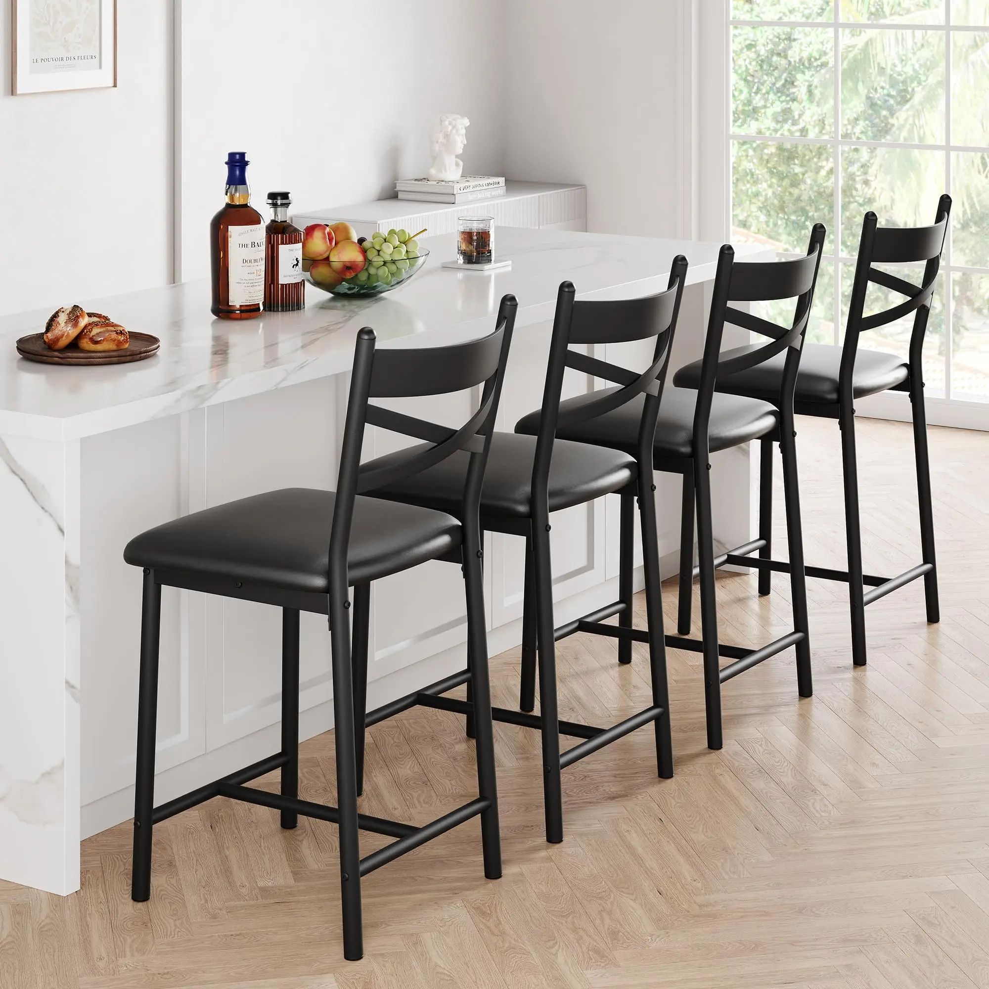 Set of 2 Modern Counter Height Bar Stools with Back and Footrest Upholstered Large Seat Metal Frame Bar Chairs for Kitchen Island and Dining Room
