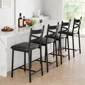 Set of 2 Modern Counter Height Bar Stools with Back and Footrest Upholstered Large Seat Metal Frame Bar Chairs for Kitchen Island and Dining Room