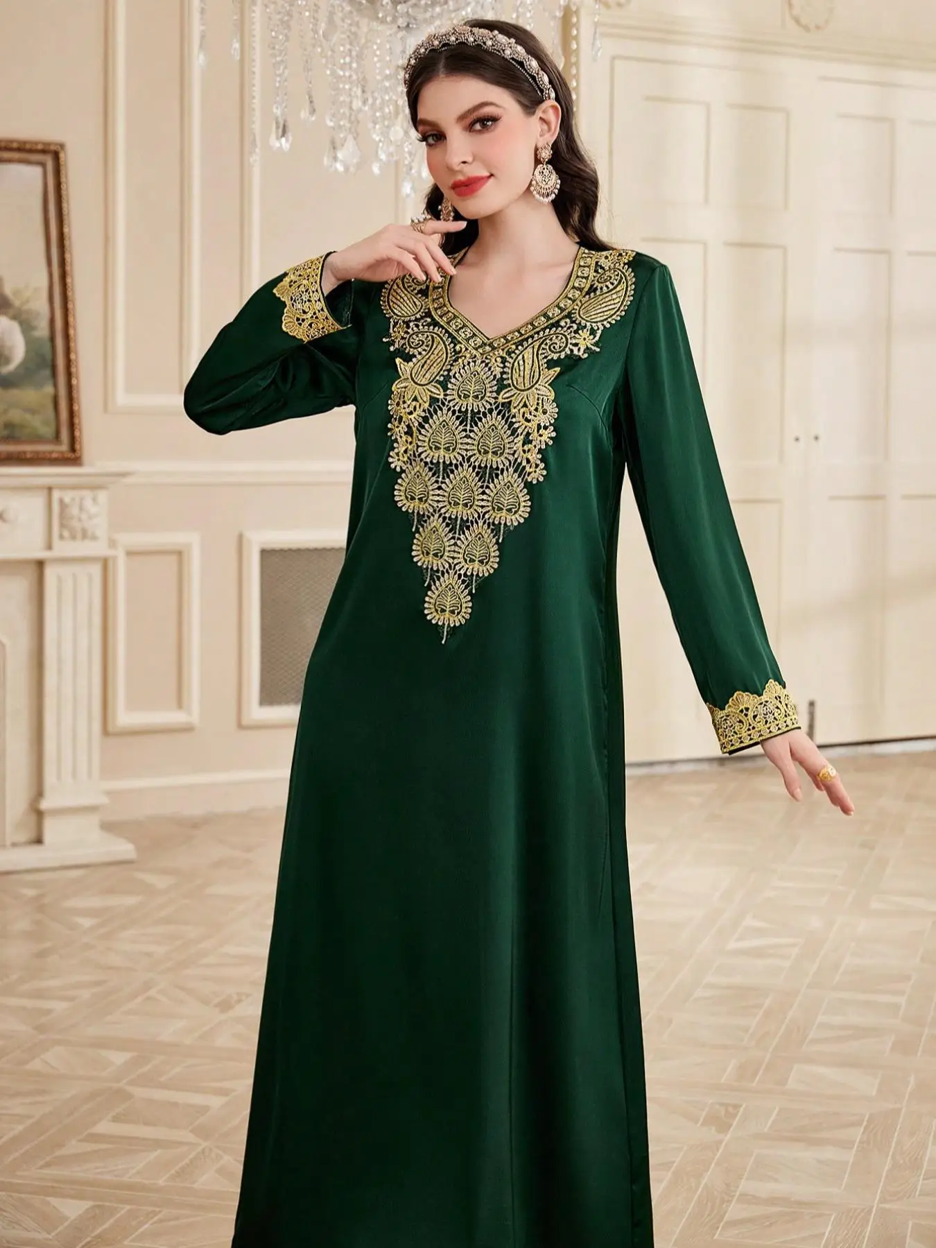 Women's Patchwork Print Embroidery Long Sleeve Dress, Elegant Arabic Clothing for Party Daily Wear, Ladies Islamic Clothing for All Seasons