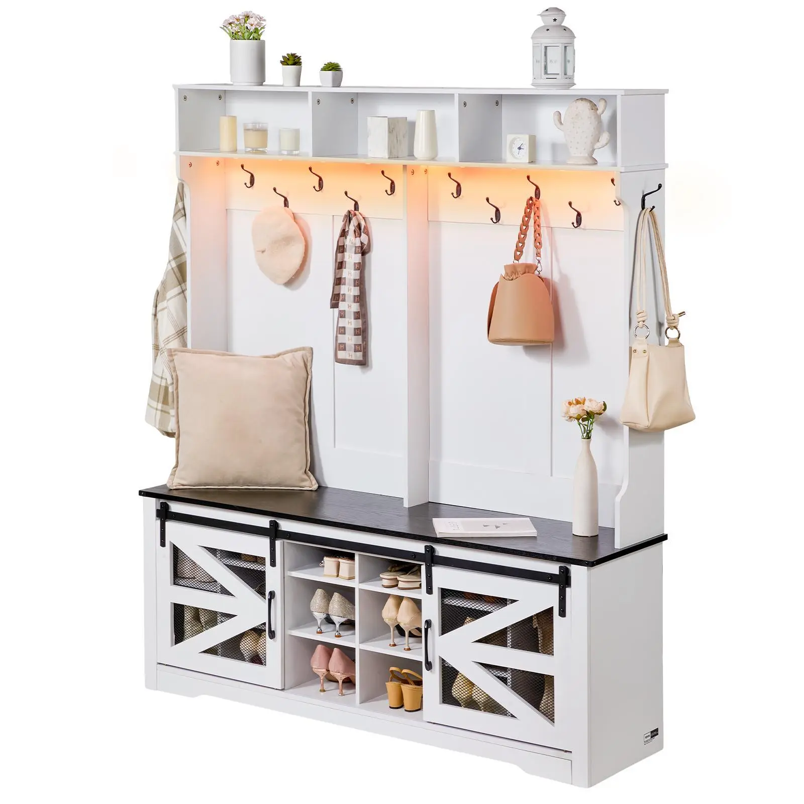 【Summerfinds】VEVOR Hall Tree Entryway Bench, LED Coat Rack with Shoe Storage, 59" Wide Mudroom bench with Storage and Seating, Adjustable Shelves and 12 Hanging Hooks, for Mudroom, Entryway, Hallway