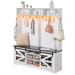 【Father's Day】VEVOR Hall Tree Entryway Bench, LED Coat Rack with Shoe Storage, 59" Wide Mudroom bench with Storage and Seating, Adjustable Shelves and 12 Hanging Hooks, for Mudroom, Entryway, Hallway