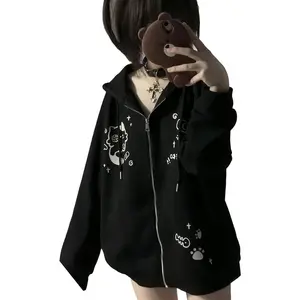 Womens Y2K Zip Up Cute Graphic Hoodies Cat Ears Casual Cartoon Harajuku Kawaii Clothes Oversize Streetwear Jacket