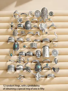 Vintage Silver Color Snake Bull Head Buddha Pattern Rings Set, Unisex Casual Finger Ring, Geometric Design Ring, Random 12 Pieces, Versatile Jewelry