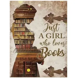 5D Full Drill Diamond Painting Kit - Vintage Bookshelf Silhouette with "Just A Girl Who Loves Books" Quote, Round Acrylic Diamonds, Book Lover Themed DIY Handcraft Art for Home Wall Decor, Ideal Gift for Readers & Craft Enthusiasts, Round Acrylic Drills