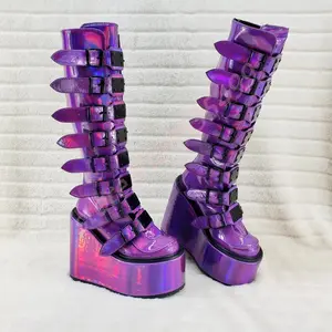 Women's Purple Round Toe Wedge Platform Belt Buckle Motorcycle Stage Party Boots