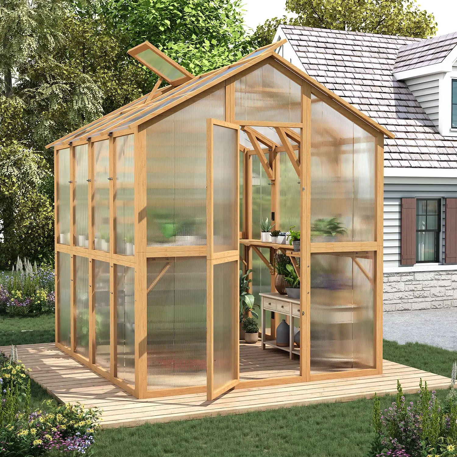 AECOJOY 6x7 FT Wooden Greenhouse with Plant Stand, Lockable Door, Adjustable Roof Vent, and Sturdy Polycarbonate Panels for Outdoor Use