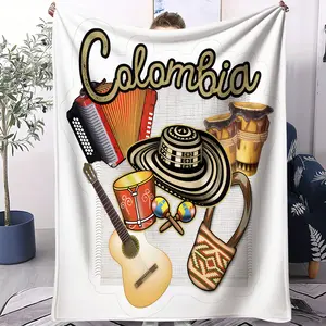 Colombian cultural elements illustration printed pattern blanket, suitable for use all year round, suitable for beds, sofas, cars, room decoration, and gifts, suitable for adults