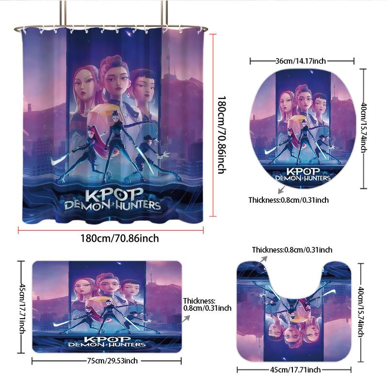 K-Pop Demon Hunters Bathroom Set, Shower Curtain with Hooks, Non-Slip Bath Rug, U-Shaped Toilet Mat, Toilet Lid Cover, Bathroom Decoration Accessories