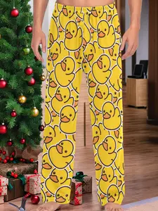 Men's Geometric Print Casual Comfy Pajama Pants, Spring & Fall Home Wear, Medium Stretch, Faux Drawstring Waistband