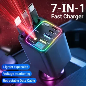 120-watt ultra-fast car charger, equipped with 3 extendable data cables, capable of fast charging multiple devices simultaneously, featuring LED voltage display and RGB seven-color star atmosphere lights