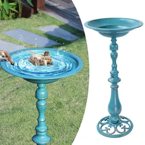 27.5”H Cast Iron Pedestal Bird Bath，Metal Birdbaths Bird Feeder Seed Tray for Garden Yard Decor -Blue.