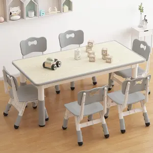 Kids Table and 6 Chairs Set, Height Adjustable Toddler Table and Chair Set with Graffiti Desktop and Non-Slip Legs,for Home Daycare for Ages 2-8