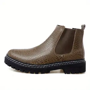 LISM Men's Brown Crocodile-Texture Synthetic Ankle Boots - Short with Round Toe, PU Cushioned Insole & Rubber Sole, s for Casual & Formal Wear, Versatile Dress Boots (Brown/Tan) - Easy-Clean All-Purpose Booties