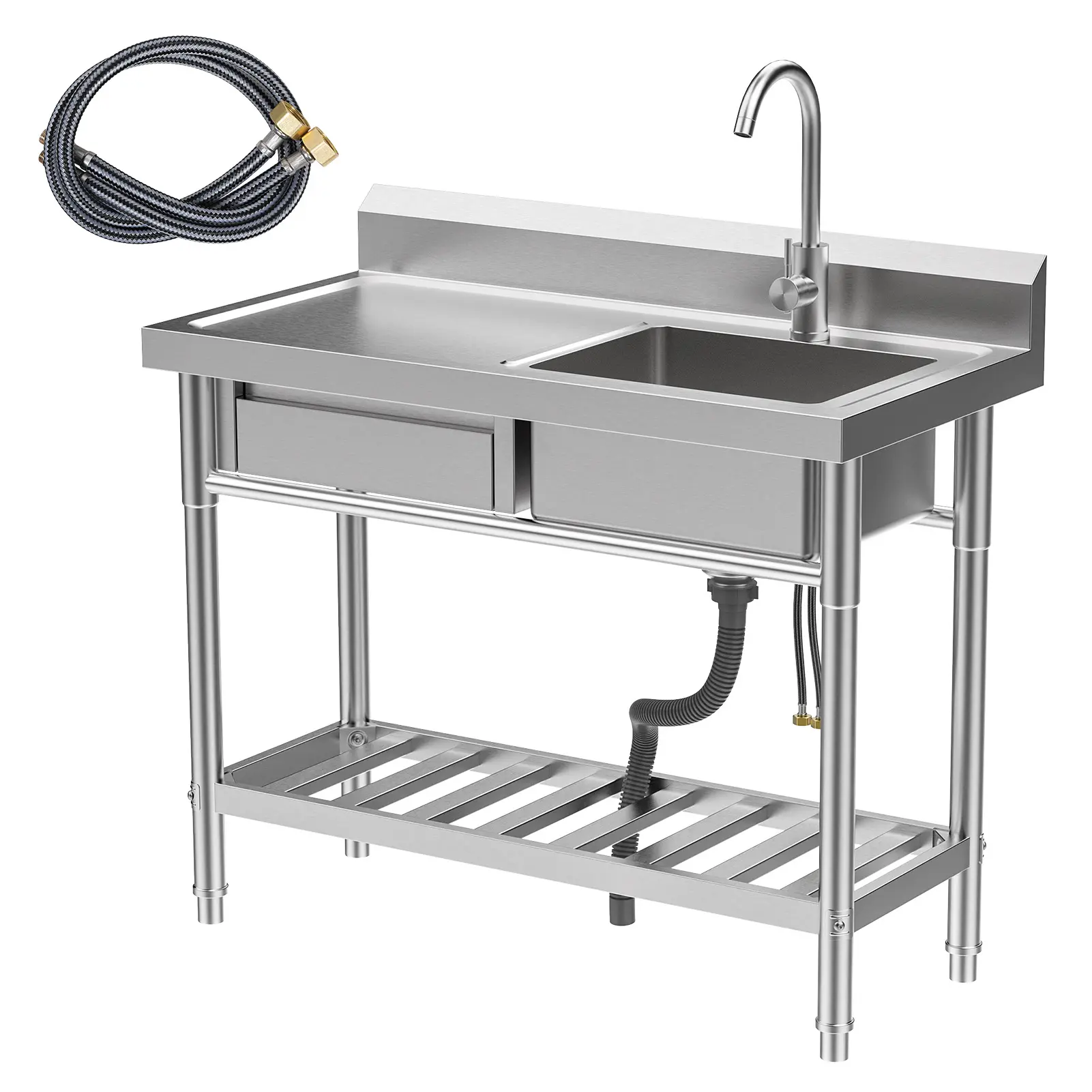 Explorinox Stainless Steel Utility Sink, 39-Inch Freestanding Metal Drain Single Bowl with Drawer, Lower Shelf, Cold-Hot Water Faucet & Hose, 100x50x98 cm, for Kitchen, Laundry Room, Garden Backyard BBQs, 100 X 50 X 98 Cm