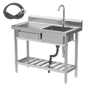 Explorinox Stainless Steel Utility Sink 39-Inch with Drawer & Lower Shelf Freestanding Single Bowl Cold Hot Water Faucet Hose for Kitchen Laundry Room