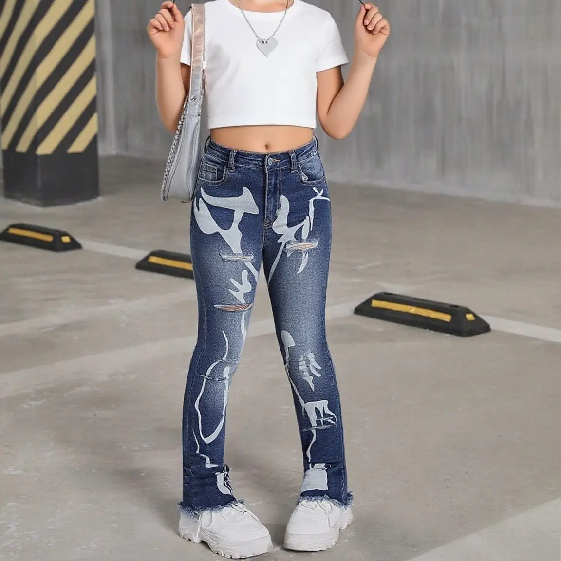 Slim Fit Printed Jeans for Girls 4-7,Washed Denim,Dark Blue Skinny Jeans,Distressed and ripped style, perfect for everyday wear.