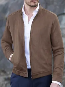 Men's solid color zipper stand collar jacket, regular version Aesthetic casual long sleeve coat, suitable for autumn and winter seasons, daily wear men's clothing Garments.