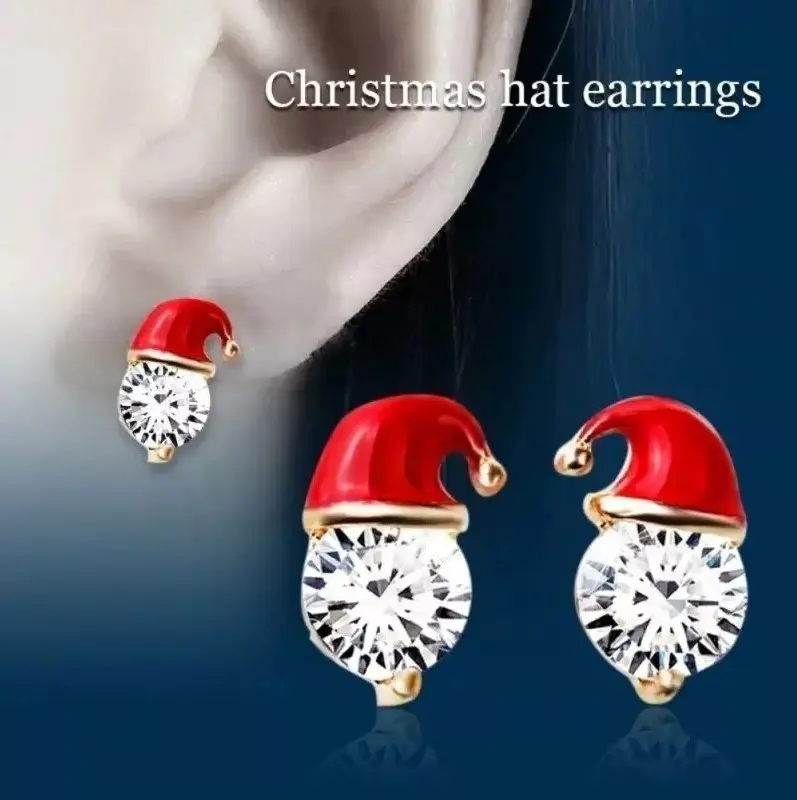 Santa Hat Crystal Stud Earrings Christmas Earrings for Women Cute Festive Holiday Jewelry Sparkly CZ Rhinestone Studs Red Enamel Winter Accessories Xmas Gift Idea Stocking Stuffer Trendy Holiday Fashion Earrings Party Jewelry Cute Christmas Aesthetic