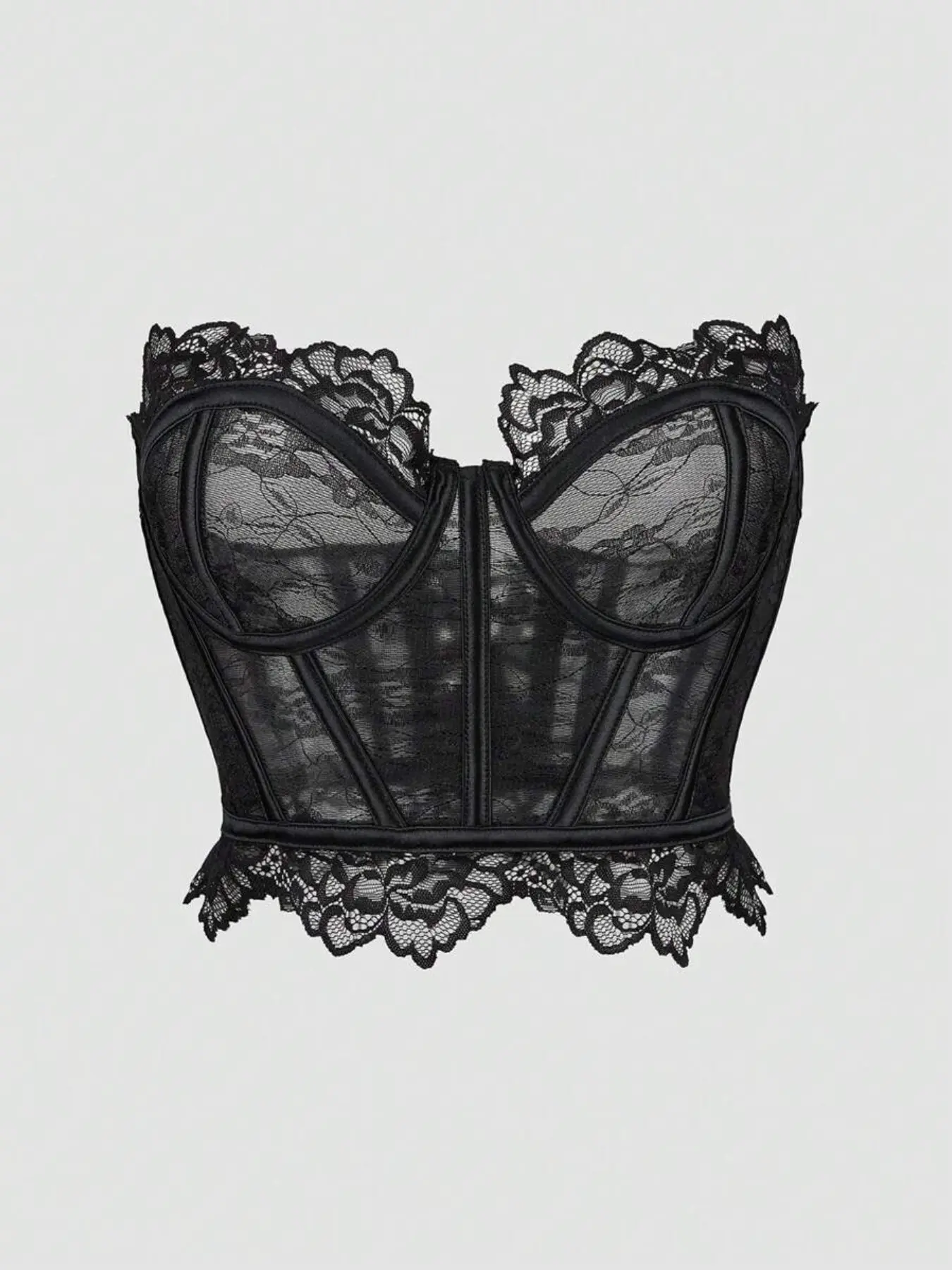 Lace Strapless Corset Top Underwear, Boned Sheer Mesh Push Up Bustier, Crop Top for All Seasons, Fashion Body Shaper Tank Tops with Tie Back Design