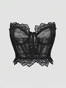Lace Strapless Corset Top, Boned Sheer Mesh Push Up Bustier, Crop Top for All Seasons, Fashion Tank Tops with Tie Back Design