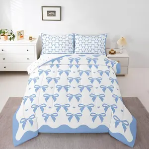 Blue Bow Comforter Set All Season Cute Coquette Bow Knot Bedding Set s Gifts for Kids Boys Girls Bedclothes Blue Bowknot Decor Preppy Style Duvet Quilt Soft Lightweight