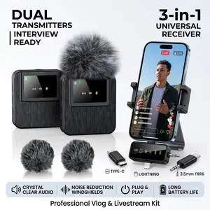 3-in-1 Universal Wireless Clip-On Microphone, Compatible with Smartphones and Cameras, 328ft Long Transmission Distance, 20 Hours Working Time, Noise Reduction Mini Lavalier Mic for Vlogging, Interviews and Short Video Shooting