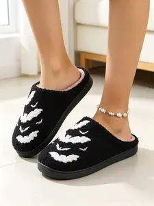 Autumn Winter Bat Embroidery Slippers, Casual Dark Style Home Indoor Shoes, Thick Plush Warm Non-Slip Halloween Couple Lazy Slippers