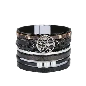 Tree of Life Leather Bracelet - Multilayered Design with Magnetic Closure, Elegant Leather Accessory for Women