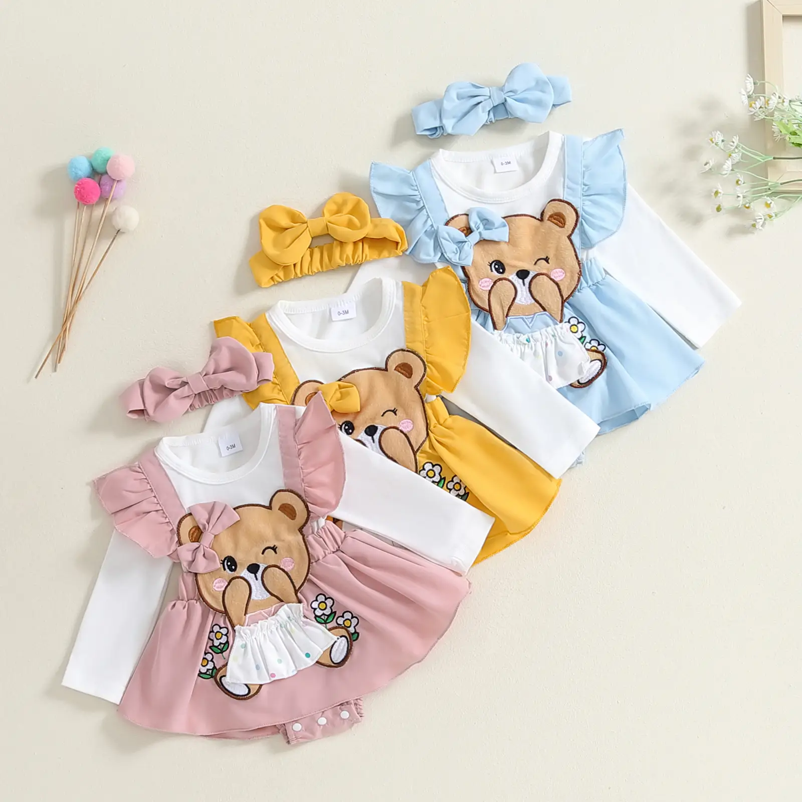 Newborn Infant Baby Girl Fall Winter Clothes Romper Dress Bear Embroidery Long Sleeve Fake Two Pieces Jumpsuit with Bow Headband 0-12M