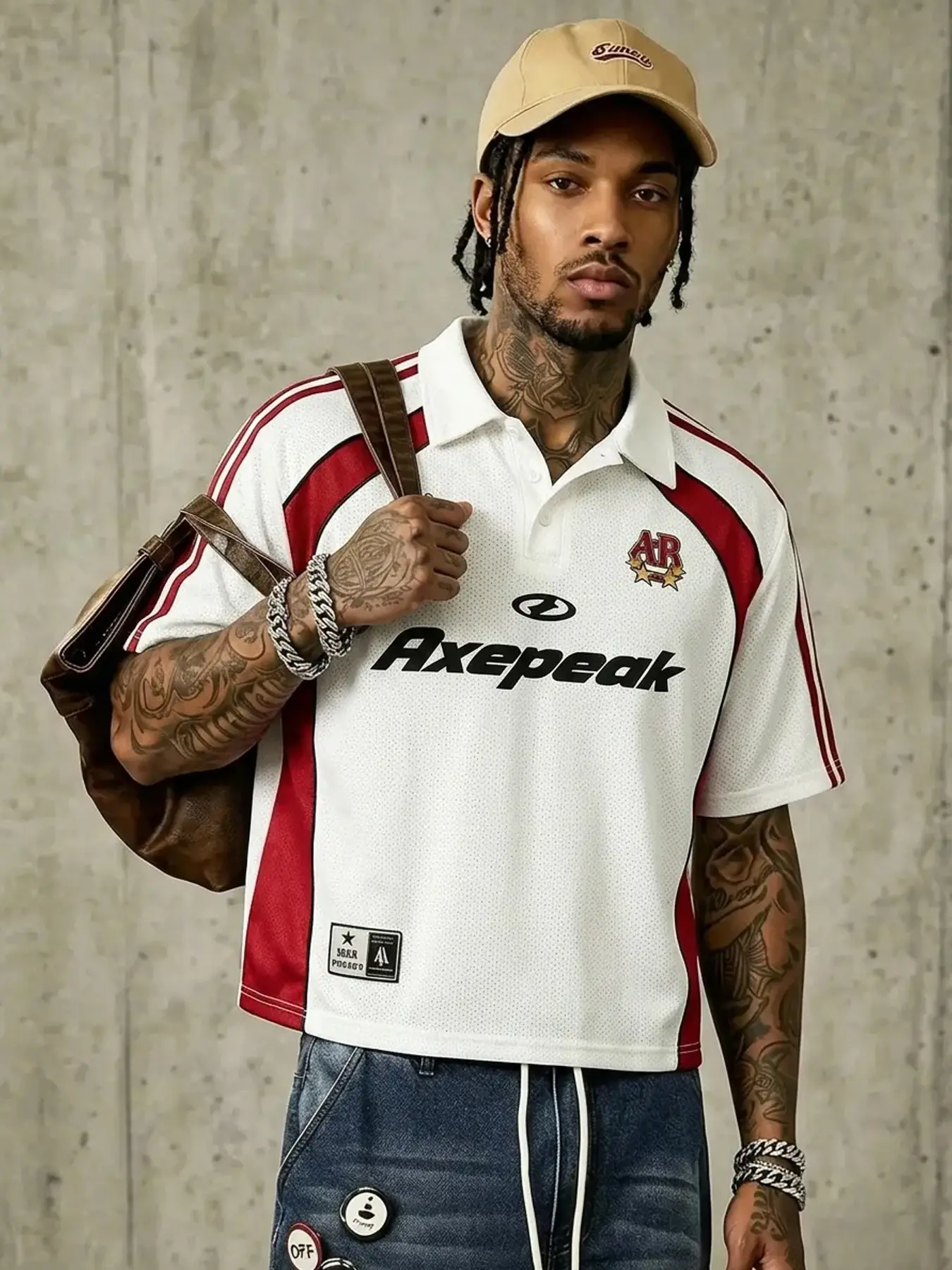 Men's Y2K "Axepeak" Striped Mesh Cropped Polo Shirt, 90s Soccer Jersey Style, Breathable Fabric, Casual Streetwear, Casual Fitness Wear, Athletic Activewear, Breathable Workout Shirt, Relaxed Fit for Daily, Gym, Summer, Athletic Tops