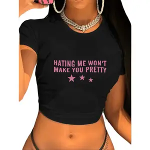 Womens Pure - Black Crop Top: Black Hot Attitude Crop Top Fierce Fabulous Statement Style - Easy Maintenance Perfect for Seasonal Style Fashion-Forward Graphic Top