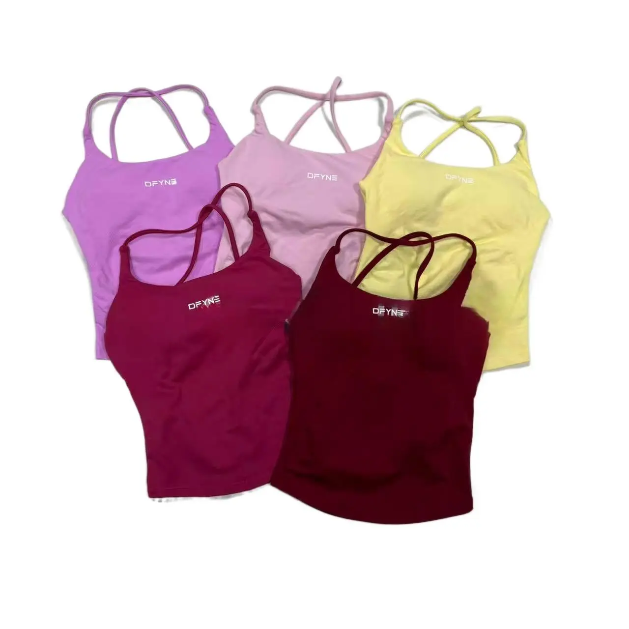 DFYNE Cross Back Yoga Tank Top - Built in Bra Padded Seamless Athletic Strappy Cami Running Shirt