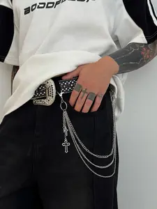 Men's Vintage Layered Tassel Waist Chain Cross Pendant, Street Style Hip Hop Cross Pants Chain, All Season Fashion Accessory for Pants Decoration, African Waist Jewelry