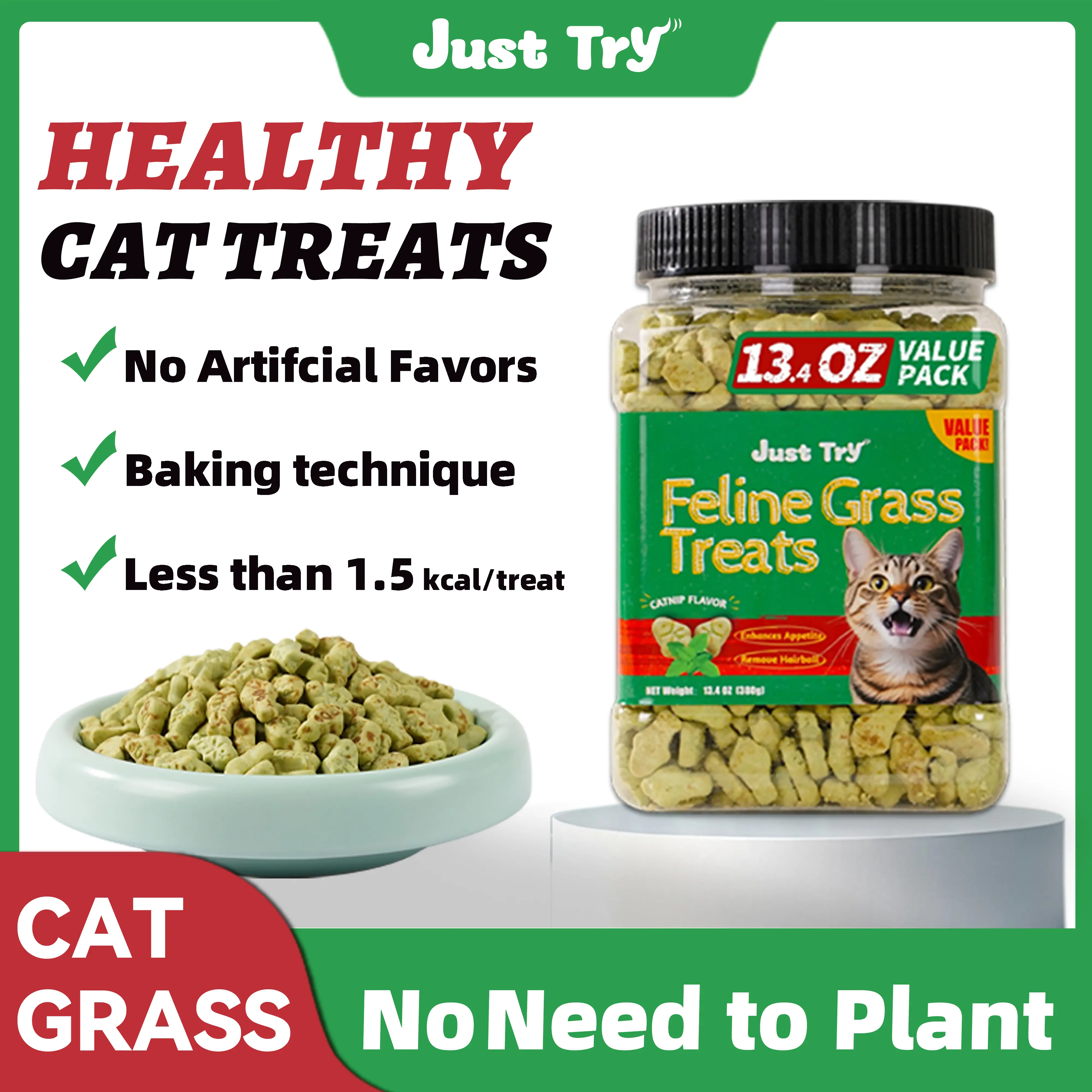 Just Try Cat Grass Treats with Salmon & Catnip | Hairball control and Training treats | Teeth cleaning snack Reduce plaque (13.4oz, Salmon & Catnip F