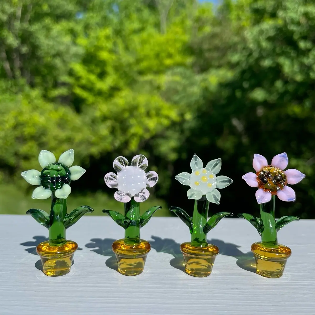 Set of 4 Handcrafted Colored Glass Potted Flowers, Artisan Blown Glass Designs ,Vibrant Floral Décor ,Car Decoration Mother's Day Gift