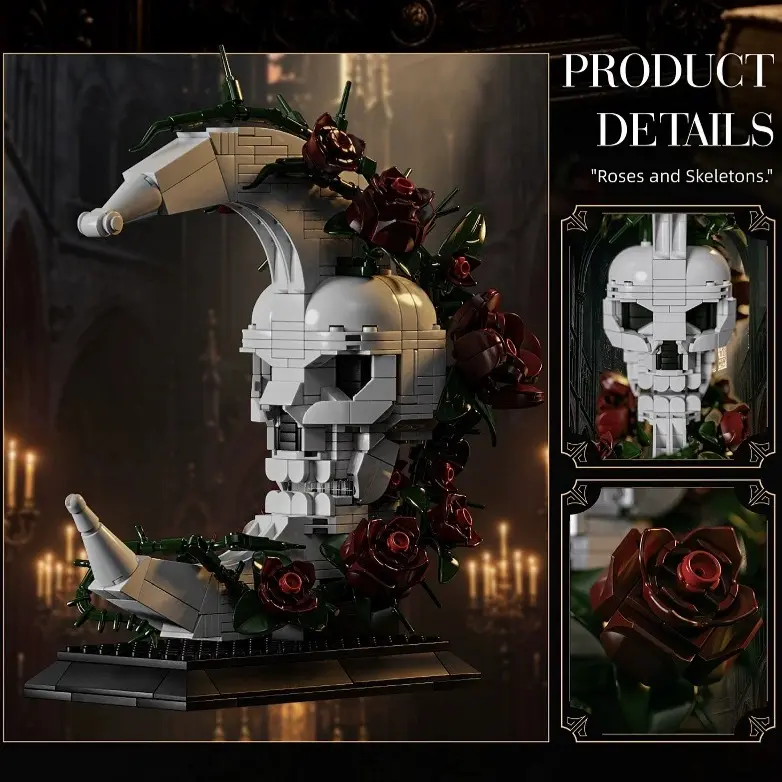Skeleton Moon Garden Building Set, 606PCS Gothic Aesthetic Floral Skull Crescent Brick Model with Red Roses, Unisex ABS Plastic DIY Display Kit for Adults, Dark Academia Halloween Decor & Holiday Gift