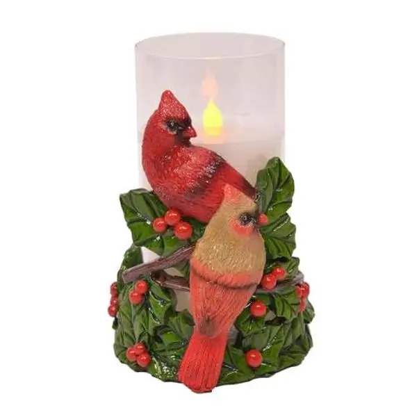 Holiday Flameless Candle Holder Sleeve with 6-Inch Glass LED Pillar Candle Included (Cardinal Pair) – Battery Operated Real Wax Filled Candle, Cardinal Bird & Greenery Design, Built-In Auto Timer, Winter Holiday Décor for Mantel, Table & Shelf